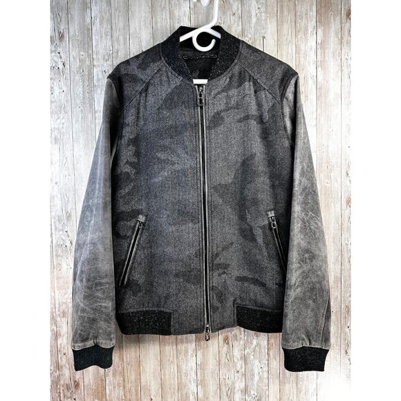 Robert Graham Evanson Mixed Media Wool Camo Bomber Jacket Sz M Herringbone Grey - Picture 1 of 12